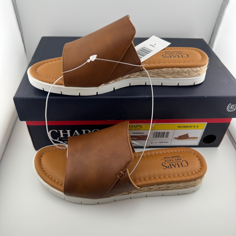 Chaps Nerissa Slide Sandals Women 6 Tan NIB Memory Foam Espadrille Beach Casual